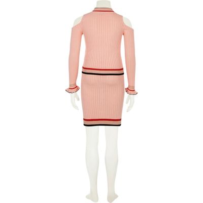 Girls pink knit frill jumper and skirt set